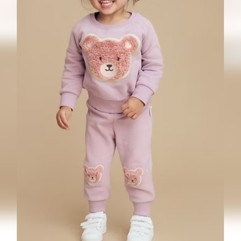 Huxbaby Lilac Bear Appliqué Kids Matching Set - Pink Accents